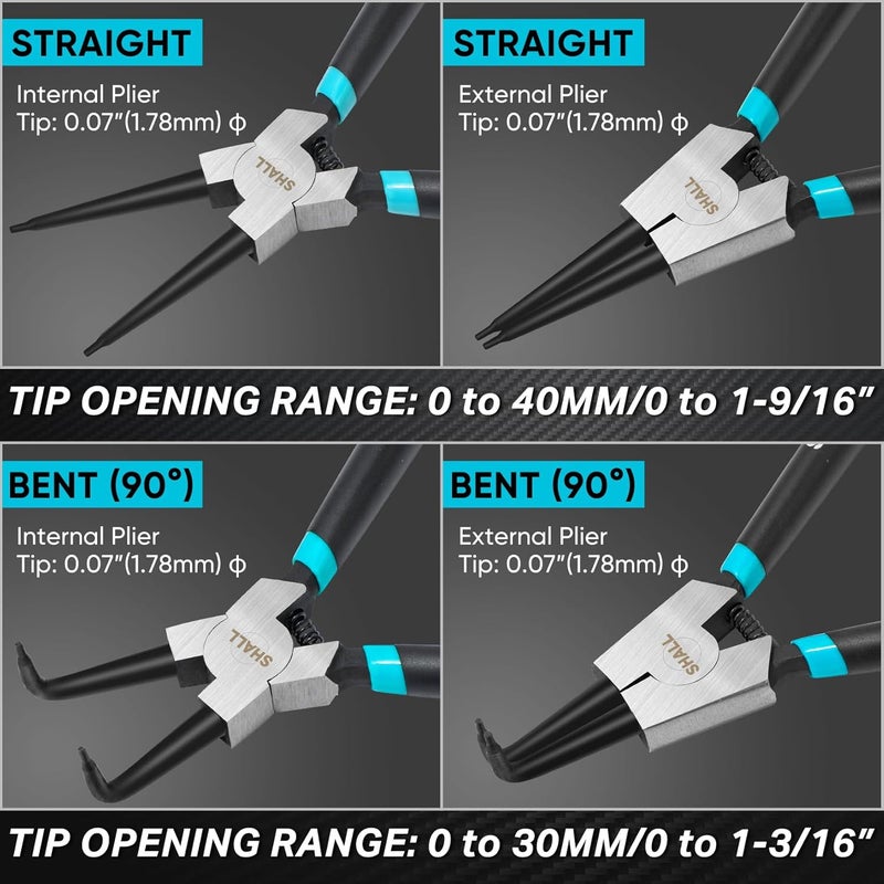 SHALL 4PCS Snap Ring Pliers Set, 7-Inch Internal External Circlip Pliers, Straight Bent C-clip Pliers Lock Ring Pliers, 5/64" Tip, Heavy Duty Reverse Pliers for Ring Remover Retaining w/Portable Pouch - Image 3